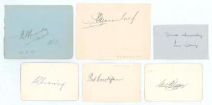 Australian cricketers 1910s-1950s. Six individual signatures in ink on card or small page. Signatures include Test players, Charlie Macartney, Stork Hendry, and Ian Craig, also Stan Sismey, Bob Christofani, and Cec Pepper, who played for Australian Servic