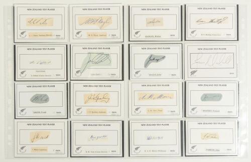 New Zealand 1930s-1990s. A good selection of signatures of New Zealand cricketers, of which twenty four are individually signed pieces laid to &lsquo;New Zealand Test Player&rsquo; white cards covering the period 1930s-1970s. Signatures include F.B. Smith, J.C. Alaba