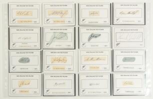 New Zealand 1930s-1990s. A good selection of signatures of New Zealand cricketers, of which twenty four are individually signed pieces laid to &lsquo;New Zealand Test Player&rsquo; white cards covering the period 1930s-1970s. Signatures include F.B. Smith, J.C. Alaba