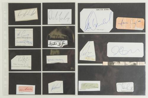South Africa 1920s onwards. Thirty three signatures on pieces, label, cutting etc. Includes the earlier signatures of Herbie Taylor and Alex &lsquo;Sandy&rsquo; Bell, also Ian Smith, Bacher, Winslow, McLean, Adcock, Cronje, Liebenberg, Ackerman, Donald, Symcox, Rhode