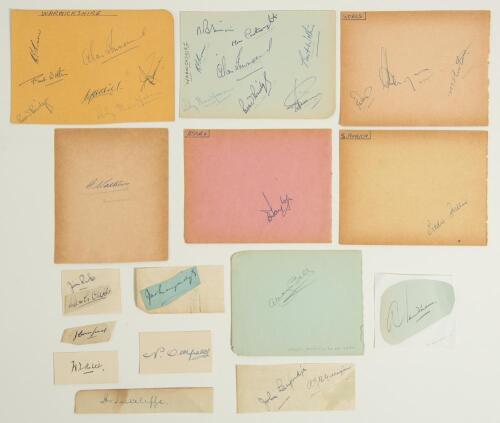 County cricket signatures 1920s-1950s. A collection of album pages and pieces including two Warwickshire pages, one signed by eight the other seven including , M.J.K. Smith, Cartwright, Horner, Townsend, R. Thompson, Bridge, Wolton and Spooner etc. Also a