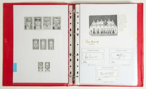 Australia 1940s onwards. A good selection of over forty signatures very nicely presented in one red binder comprising &lsquo;Australia Test Player&rsquo; cards, some on pieces laid down, also to pieces, cuttings, the odd trade card, photograph, match ticket etc., the