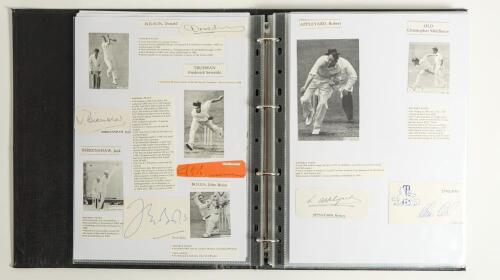 England Test Cricketers 1930s onwards. A good selection of over one hundred and thirty signatures, the majority of England Test players, very nicely presented in two binders. Signatures are to pieces laid down, white cards, cuttings, magazine extracts etc