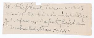 William Shepherd. Surrey 1864-1865 (13 matches). Four lines on a fragment of a ruled page in ink in the hand of Shepherd, including the signature &lsquo;W. Shepherd&rsquo; followed by details of his playing career with Surrey, Dulwich College and the &lsquo;1st Australians