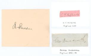 Wilfred Rhodes. Yorkshire, Europeans, Patiala & England 1898-1930. Excellent signature in black ink of Rhodes on small album page. Sold with two further signatures in ink of England Test players, each on piece loose mounted to small white card. Signatures