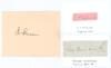 Wilfred Rhodes. Yorkshire, Europeans, Patiala & England 1898-1930. Excellent signature in black ink of Rhodes on small album page. Sold with two further signatures in ink of England Test players, each on piece loose mounted to small white card. Signatures