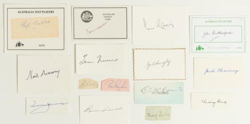 Australia Test cricketers 1930s-1980s. Fifteen signatures of Australian Test cricketers signed to pieces or cards. Signatures are Len Darling, Ernie McCormick, George Tribe, Ron Archer, Ian Craig, Gil Langley, Jack Moroney, John Rutherford, Lindsay Kline,