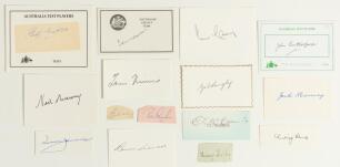 Australia Test cricketers 1930s-1980s. Fifteen signatures of Australian Test cricketers signed to pieces or cards. Signatures are Len Darling, Ernie McCormick, George Tribe, Ron Archer, Ian Craig, Gil Langley, Jack Moroney, John Rutherford, Lindsay Kline,