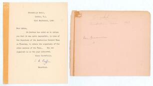 Donald George Bradman. New South Wales, South Australia & Australia 1927-1949. One page typewritten letter from a Mr S.A. [Boffin] secretary to a lady, the letter dated 21st September 1948 and sent from the Piccadilly Hotel, London. The letter reads &lsquo;Dear