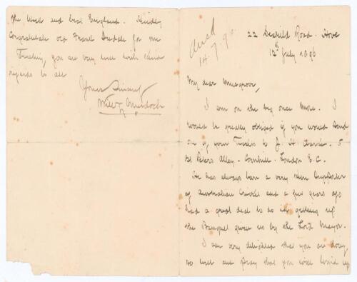 William Lloyd Murdoch. New South Wales, Sussex, London County, Australia & England 1875-1904. Original and interesting two page folding letter handwritten in black ink from Murdoch to &lsquo;Musgrave&rsquo;, [Harry Musgrove played one Test match for Australia again