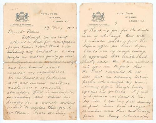 Arthur Alfred Mailey. New South Wales & Australia 1912-1931. Original four page handwritten letter in ink from Mailey to the Australian journalist and editor of &lsquo;The Referee&rsquo; newspaper in Sydney, J.C. Davis. Written on Hotel Cecil, London, letterhead and 