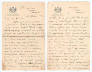 Arthur Alfred Mailey. New South Wales & Australia 1912-1931. Original four page handwritten letter in ink from Mailey to the Australian journalist and editor of &lsquo;The Referee&rsquo; newspaper in Sydney, J.C. Davis. Written on Hotel Cecil, London, letterhead and 