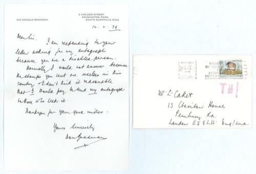 Don Bradman. Single page handwritten letter from Bradman, dated 12th February 1979, written at Kensington Park, South Australia, replying to a request for his autograph &lsquo;because you are a disabled person&rsquo;. He continues, &lsquo;Normally I would not answer becaus