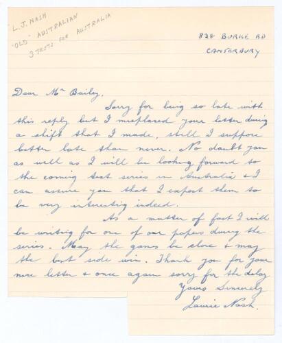 Laurence John &lsquo;Laurie&rsquo; Nash. Tasmania, Victoria & Australia 1929-1937. Single page letter handwritten in ink from Nash to &lsquo;Dear Mr Bailey&rsquo;. The note is undated but possibly written in 1954. Replying to a request for his autograph, Nash apologises for the 