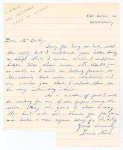 Laurence John &lsquo;Laurie&rsquo; Nash. Tasmania, Victoria & Australia 1929-1937. Single page letter handwritten in ink from Nash to &lsquo;Dear Mr Bailey&rsquo;. The note is undated but possibly written in 1954. Replying to a request for his autograph, Nash apologises for the 