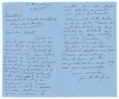John Walter Rutherford. Western Australia & Australia 1952-1961. Two page hand written aerogramme letter from Rutherford to Jack Sokell of the Wombwell Cricket Lovers&rsquo; Society. Dated 6th April 1956, Rutherford is writing from the S.S. Himalaya on the voya