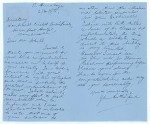 John Walter Rutherford. Western Australia & Australia 1952-1961. Two page hand written aerogramme letter from Rutherford to Jack Sokell of the Wombwell Cricket Lovers&rsquo; Society. Dated 6th April 1956, Rutherford is writing from the S.S. Himalaya on the voya