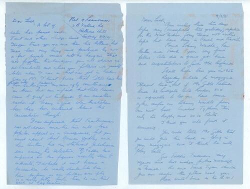 Richard Smallpiece &lsquo;Dick&rsquo; Whitington. South Australia 1932-1946. Two double-sided hand written aerogramme letters from Whitington to Jack Sokell of the Wombwell Cricket Lovers&rsquo; Society. In the first letter, dated 8th September 1954, Whitington opens by th
