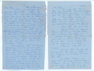 Richard Smallpiece &lsquo;Dick&rsquo; Whitington. South Australia 1932-1946. Two double-sided hand written aerogramme letters from Whitington to Jack Sokell of the Wombwell Cricket Lovers&rsquo; Society. In the first letter, dated 8th September 1954, Whitington opens by th