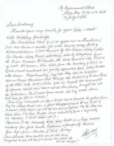 Hunter Scott Thomas Laurie &lsquo;Stork&rsquo; Hendry. New South Wales, Victoria & Australia 1918-1936. Single page handwritten letter to &lsquo;Dear Anthony&rsquo; dated 5th July 1985. Hendry describes a luncheon given to him by the Cricketers Club of New South Wales to celebra