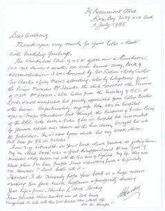 Hunter Scott Thomas Laurie &lsquo;Stork&rsquo; Hendry. New South Wales, Victoria & Australia 1918-1936. Single page handwritten letter to &lsquo;Dear Anthony&rsquo; dated 5th July 1985. Hendry describes a luncheon given to him by the Cricketers Club of New South Wales to celebra