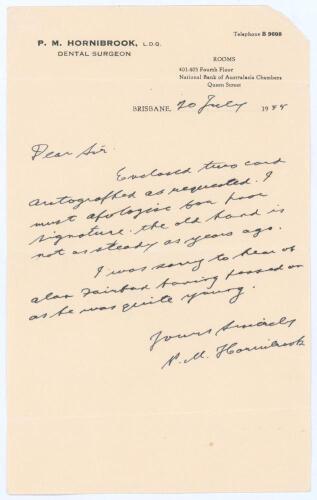 Percival Mitchell &lsquo;Percy&rsquo; Hornibrook. Queensland & Australia 1919-1934. Single page handwritten letter in ink from Mailey written on his &lsquo;P.M. Hornibrook Dental Surgeon&rsquo; headed notepaper in Brisbane. Dated 20th July 1955, Hornibrook is enclosing two signe