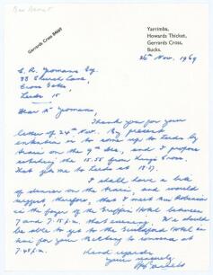 Benjamin Arthur &lsquo;Ben&rsquo; Barnett. Victoria & Australia 1929-1947. Single page handwritten letter in ink dated 26th November 1969 from Barnett to Ron Yeomans, collector and Secretary of the Northern Cricket Society. Writing from his home in Gerrards Cross, Bu