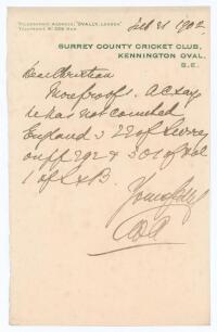 C.W. Alcock to probably E.B.V. Christian 1902. Single page handwritten letter from Alcock on Surrey C.C.C. letterhead, dated &lsquo;February 21st 1902&rsquo;. Alcock writes &lsquo;Christian, More proofd, A.C. says he has not counted England v 22 of Surrey...etc&rsquo; . I presum