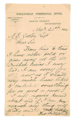 James Lillywhite jun. Sussex & England 1862-1883. Single page handwritten letter with cricket content in ink from Lillywhite to A.J. Gaston, dated 21st November 1894. Writing on &lsquo;Wheatsheaf Commercial Hotel, Chichester, James Lillywhite Proprietor&rsquo; letter