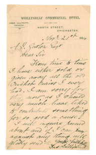 James Lillywhite jun. Sussex & England 1862-1883. Single page handwritten letter with cricket content in ink from Lillywhite to A.J. Gaston, dated 21st November 1894. Writing on &lsquo;Wheatsheaf Commercial Hotel, Chichester, James Lillywhite Proprietor&rsquo; letter