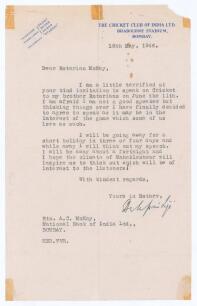 Kumar Shri Duleepsinhji. Sussex, Cambridge University & England 1924-1932. One page typewritten letter, on Cricket Club of India&rsquo; headed paper, dated 18th May 1946 to &lsquo;Rotarian McKay&rsquo; of the National Bank of India. Duleep is responding to a request to spe