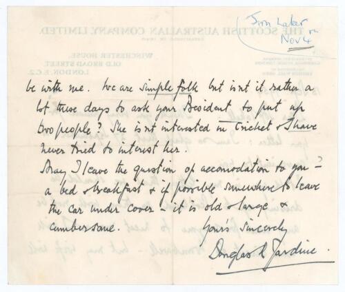 Douglas Robert Jardine. Oxford University, Surrey & England 1920-1934. Two page handwritten letter, on &lsquo;The Scottish Australian Company Limited&rsquo;, London letterhead, in ink from Jardine to Jack Sokell, the letter dated 13th September 1954. Jardine is reply
