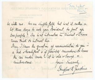 Douglas Robert Jardine. Oxford University, Surrey & England 1920-1934. Two page handwritten letter, on &lsquo;The Scottish Australian Company Limited&rsquo;, London letterhead, in ink from Jardine to Jack Sokell, the letter dated 13th September 1954. Jardine is reply