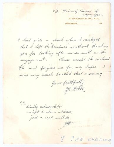 John Berry &lsquo;Jack&rsquo; Hobbs. Surrey & England 1905-1934. Handwritten letter from Hobbs to L. Dentith, a Steward aboard the P.O. R.M.S. Ranpura, and written on Vizianagram Palace, Benares headed paper. Hobbs has handwritten c/o Maharaja Kumar of Vizianagram ab