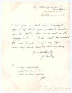 John Berry &lsquo;Jack&rsquo; Hobbs. Surrey & England 1905-1934. Handwritten letter from Hobbs to L. Dentith, a Steward aboard the P.O. R.M.S. Ranpura, and written on Vizianagram Palace, Benares headed paper. Hobbs has handwritten c/o Maharaja Kumar of Vizianagram ab