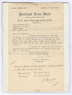 Sydney Francis Barnes, Warwickshire, Lancashire, Staffordshire, England & Wales 1894-1930. A typewritten letter from the Manager of the Portland Arms Hotel, St John&rsquo;s Wood to Barnes dated 12th May 1955. The manager writes &lsquo;Dear Mr Barnes, Thank you for yo