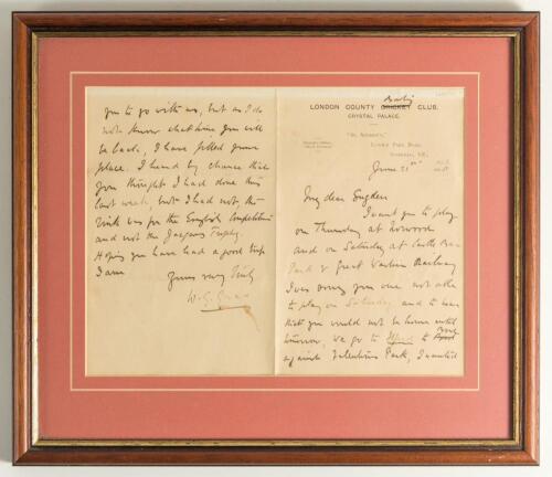 W.G. Grace. Gloucestershire & England 1865-1908. Two page handwritten letter from W.G. Grace, written on London County Cricket Club headed paper (the cricket lined through and &lsquo;Bowling&rsquo; added) to Sugden regarding him playing bowls. The letter dated 21st J