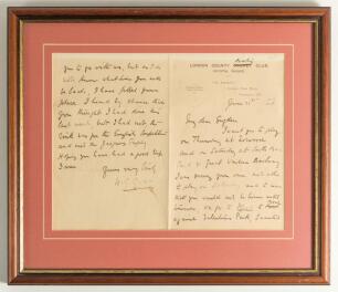 W.G. Grace. Gloucestershire & England 1865-1908. Two page handwritten letter from W.G. Grace, written on London County Cricket Club headed paper (the cricket lined through and &lsquo;Bowling&rsquo; added) to Sugden regarding him playing bowls. The letter dated 21st J