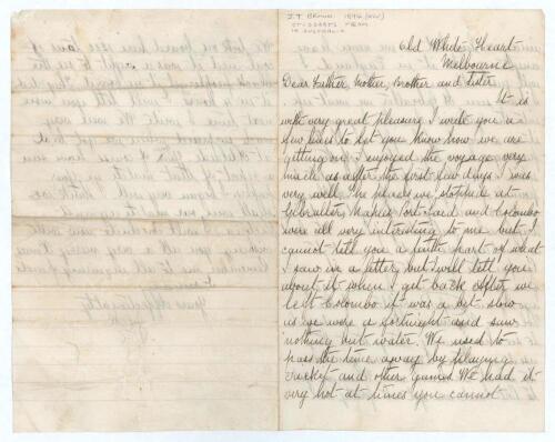 John Thomas &lsquo;Jack&rsquo; Brown. Yorkshire & England 1889-1904. Stoddart&rsquo;s tour to Australia 1894/95. Original three page folding letter handwritten in ink from Brown to his family while on tour in Australia. Writing from Melbourne, the letter is undated but pro