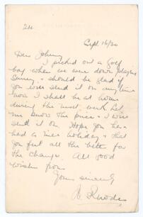 Wilfred Rhodes. Yorkshire, Europeans, Patiala & England 1898-1930. Single page handwritten folding letter from Rhodes to &lsquo;Dear Johnny&rsquo;. Writing from his home at Marsh Grove Road, Huddersfield, and dated 16th September 1930, Rhodes is asking for a new golf