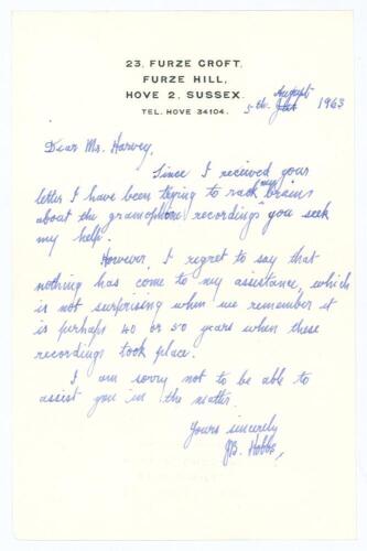 John Berry &lsquo;Jack&rsquo; Hobbs. Surrey & England 1905-1934. Single page letter handwritten in ink from Hobbs to &lsquo;Dear Mr Harvey&rsquo;. Dated 5th August 1963 and writing from Hove just four months before his death, Hobbs is replying to a request for information about 