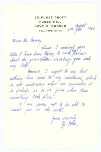 John Berry &lsquo;Jack&rsquo; Hobbs. Surrey & England 1905-1934. Single page letter handwritten in ink from Hobbs to &lsquo;Dear Mr Harvey&rsquo;. Dated 5th August 1963 and writing from Hove just four months before his death, Hobbs is replying to a request for information about 