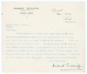 Herbert Sutcliffe. Yorkshire & England 1919-1945. Interesting single page typed letter from Sutcliffe to &lsquo;Messrs&rsquo; Rowan & Co.&rsquo; in Glasgow. Written on Sutcliffe&rsquo;s &lsquo;Sports Agent&rsquo; business letterhead, Sutcliffe is confirming terms for &lsquo;permission to assist y