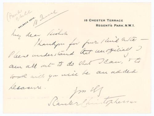 Stanley Christopherson. Kent & England 1883-1890. Single page handwritten letter in ink. Dated 18th June (year unknown), Christopherson writes &lsquo;Please understand that unofficially I am all out to do what I can, & to work with you will be an added pleasure