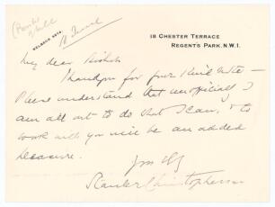 Stanley Christopherson. Kent & England 1883-1890. Single page handwritten letter in ink. Dated 18th June (year unknown), Christopherson writes &lsquo;Please understand that unofficially I am all out to do what I can, & to work with you will be an added pleasure