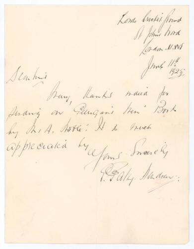 Elias Henry &lsquo;Patsy&rsquo; Hendren. Middlesex & England 1907-1937. Single page handwritten letter in ink dated 11th June 1925. Writing from Lord&rsquo;s Cricket Ground Hendren thanks a publisher for sending a copy of the book &lsquo;Gilligan&rsquo;s Men&rsquo; by R.A. Noble. Very nicel