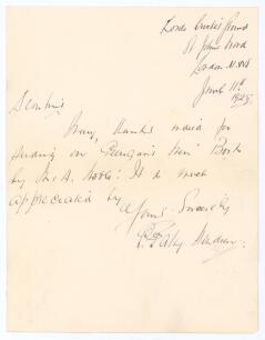 Elias Henry &lsquo;Patsy&rsquo; Hendren. Middlesex & England 1907-1937. Single page handwritten letter in ink dated 11th June 1925. Writing from Lord&rsquo;s Cricket Ground Hendren thanks a publisher for sending a copy of the book &lsquo;Gilligan&rsquo;s Men&rsquo; by R.A. Noble. Very nicel
