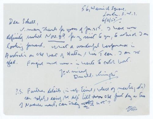 Donald John Knight. Surrey, Oxford University & England, 1911-1937. Single page handwritten letter in ink dated 6th February 1955 from Knight agreeing to meet Jack Sokell of the Wombwell Cricket Lovers&rsquo; Society. Signed &lsquo;Donald Knight&rsquo;. Good/ very good con