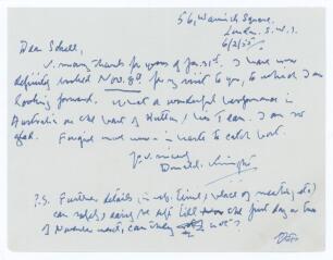 Donald John Knight. Surrey, Oxford University & England, 1911-1937. Single page handwritten letter in ink dated 6th February 1955 from Knight agreeing to meet Jack Sokell of the Wombwell Cricket Lovers&rsquo; Society. Signed &lsquo;Donald Knight&rsquo;. Good/ very good con