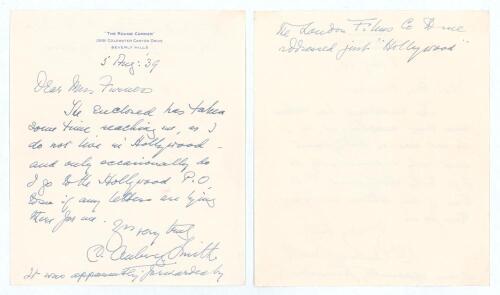 Charles Aubrey Smith. Cambridge University, Sussex & England, 1882-1896. Amusing two page handwritten letter in ink dated 5th August 1939. Smith is replying to a &lsquo;Mrs Furness&rsquo; and writes &lsquo;The enclosed has taken some time reaching me, as I do not live in H